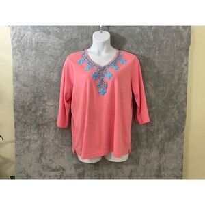 Quacker Factory Blouse Top women’s plus size 1X Embellished Heavy Beading pink